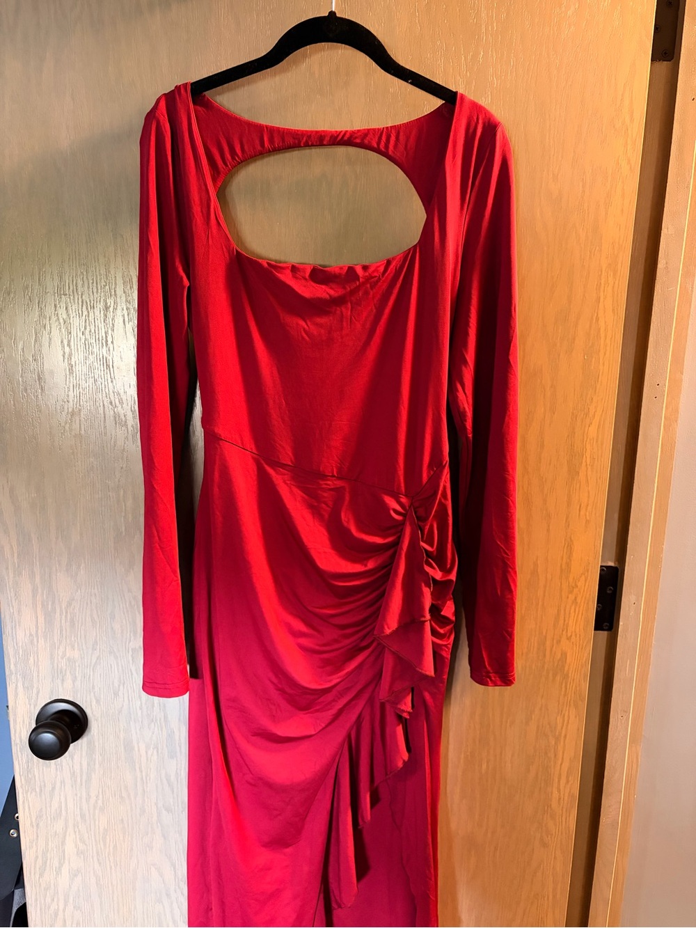 Red Long-Sleeve Cutout Ruched Midi Dress